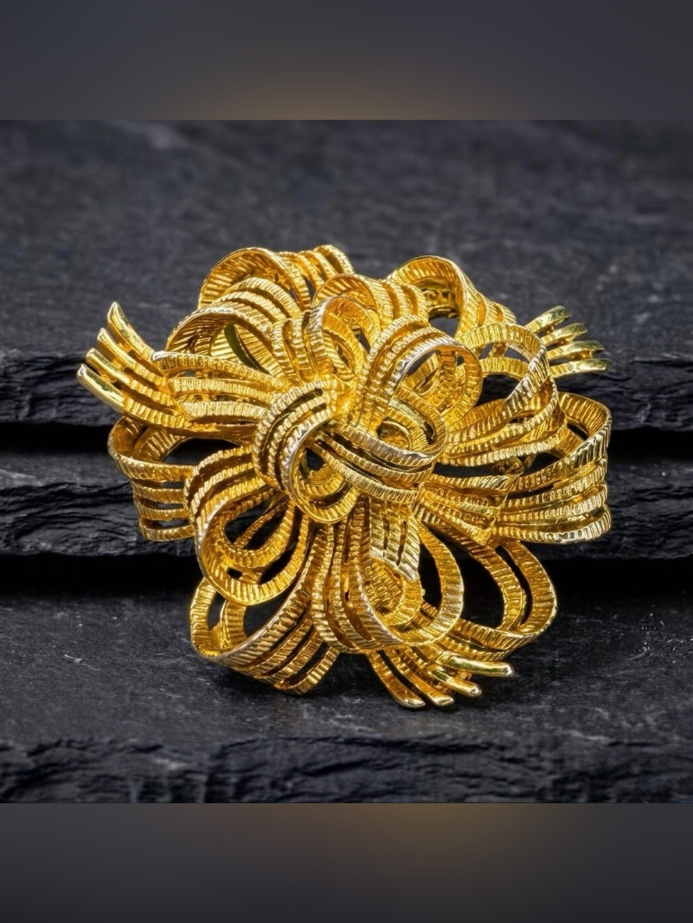 Vintage 60s M Jent Textured Layered Open Metal Ribbon Bow Gold Tone Brooch